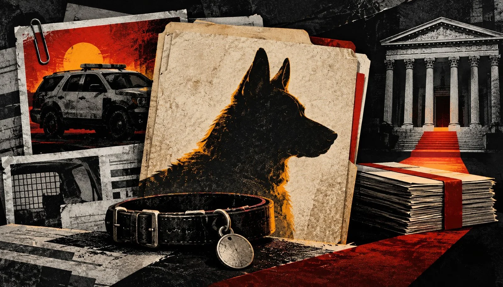 Editorial illustration of a police K-9 case file, empty collar and patrol vehicle silhouette