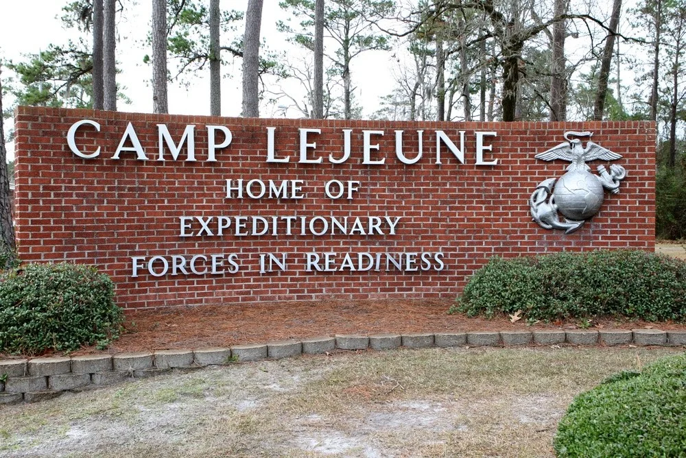 Archival 2008 photograph of the Camp Lejeune welcome sign outside Holcomb Gate