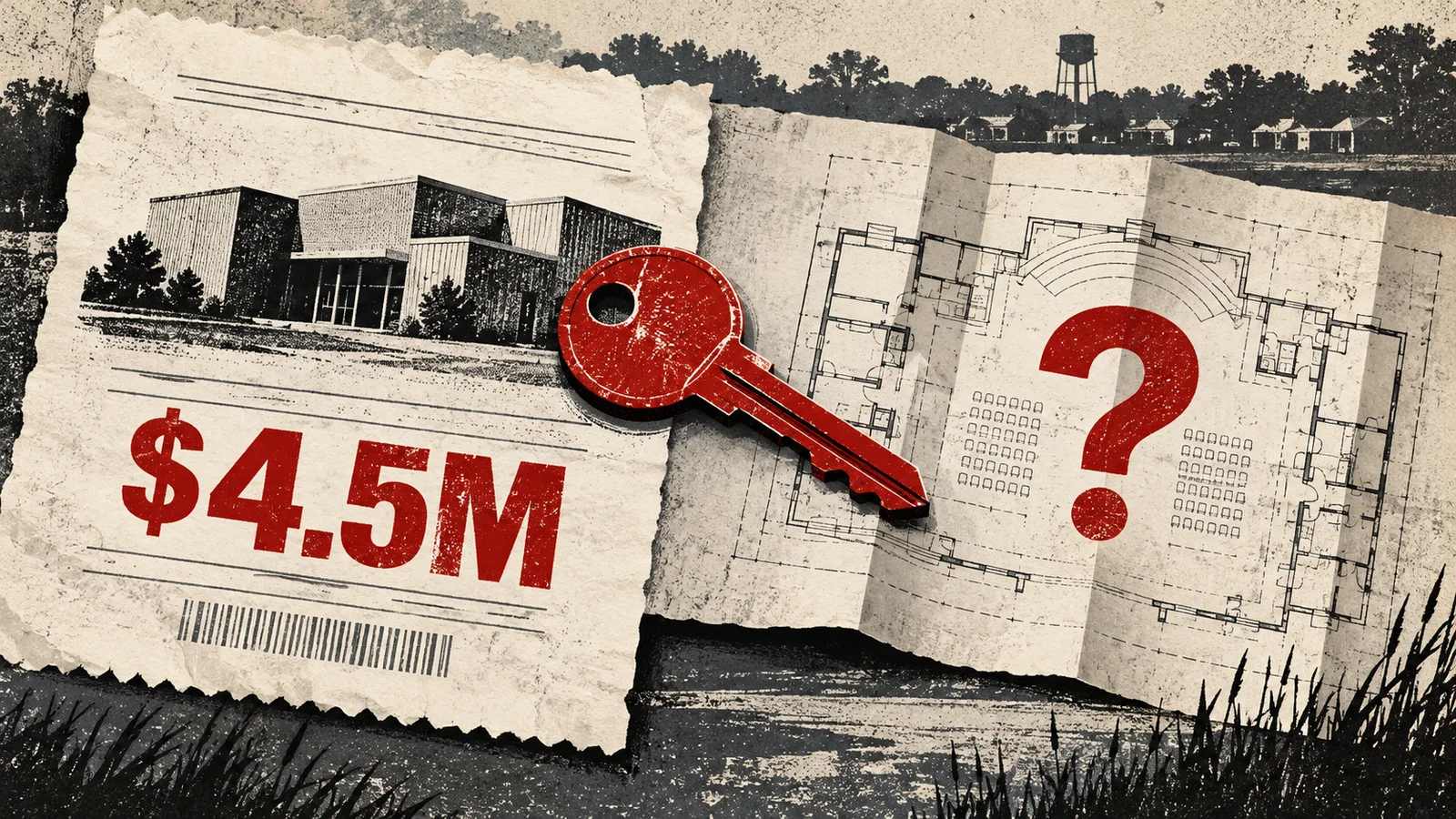 Editorial illustration of a factory purchase receipt marked $4.5 million beside an unpriced blueprint and a key