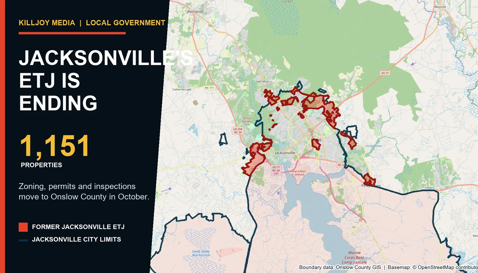 Map of Jacksonville and surrounding Onslow County showing former Jacksonville ETJ areas highlighted in red