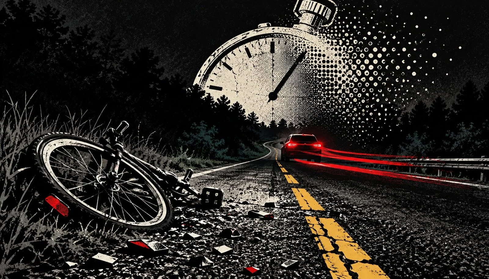Editorial illustration of a vehicle leaving a nighttime crash as a stopwatch dissolves