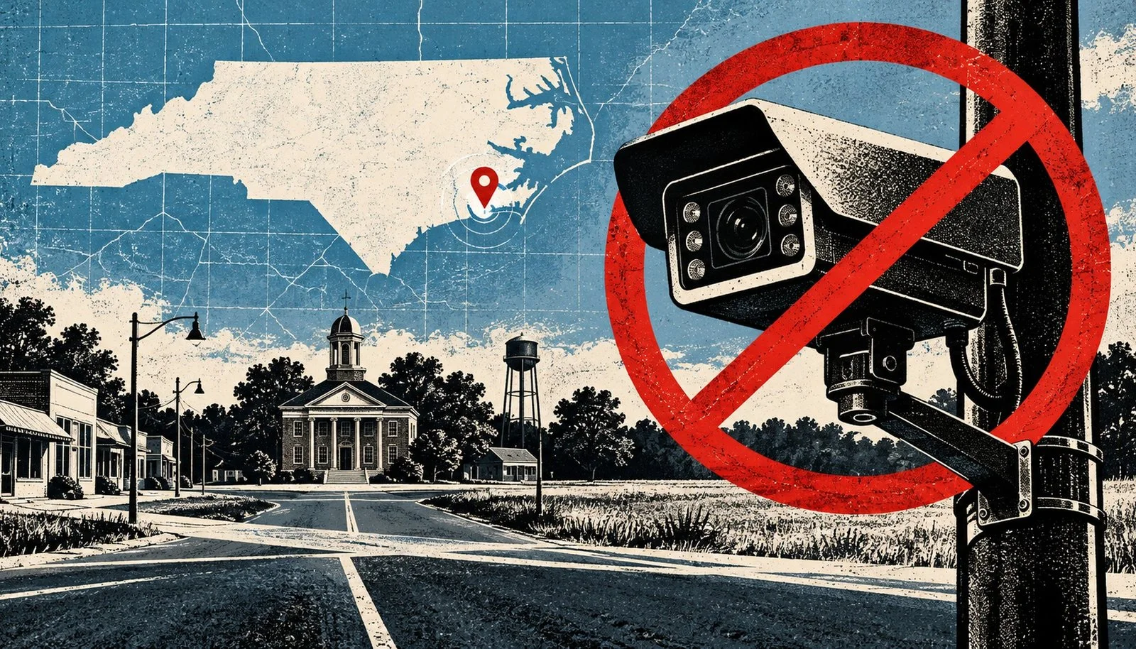 Editorial illustration of a North Carolina town prohibiting an automated license-plate-reader camera
