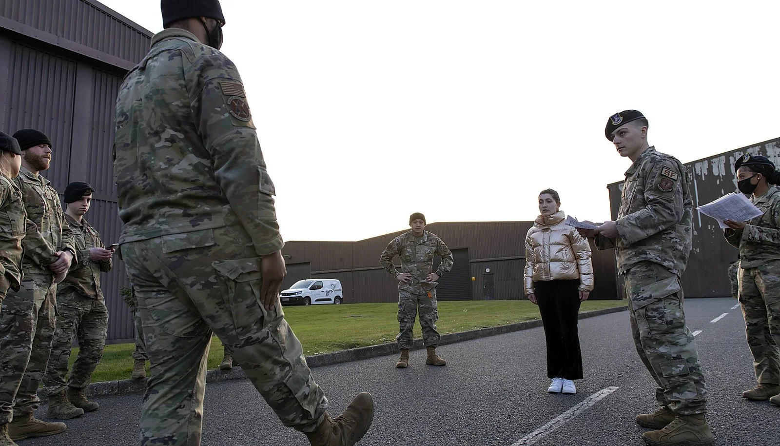Security forces personnel conducting a field sobriety testing training exercise