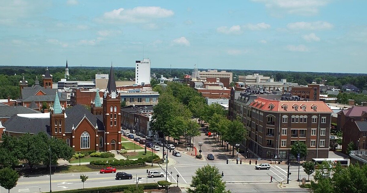 Aerial view of downtown Fayetteville, North Carolina, with churches, offices and Hay Street