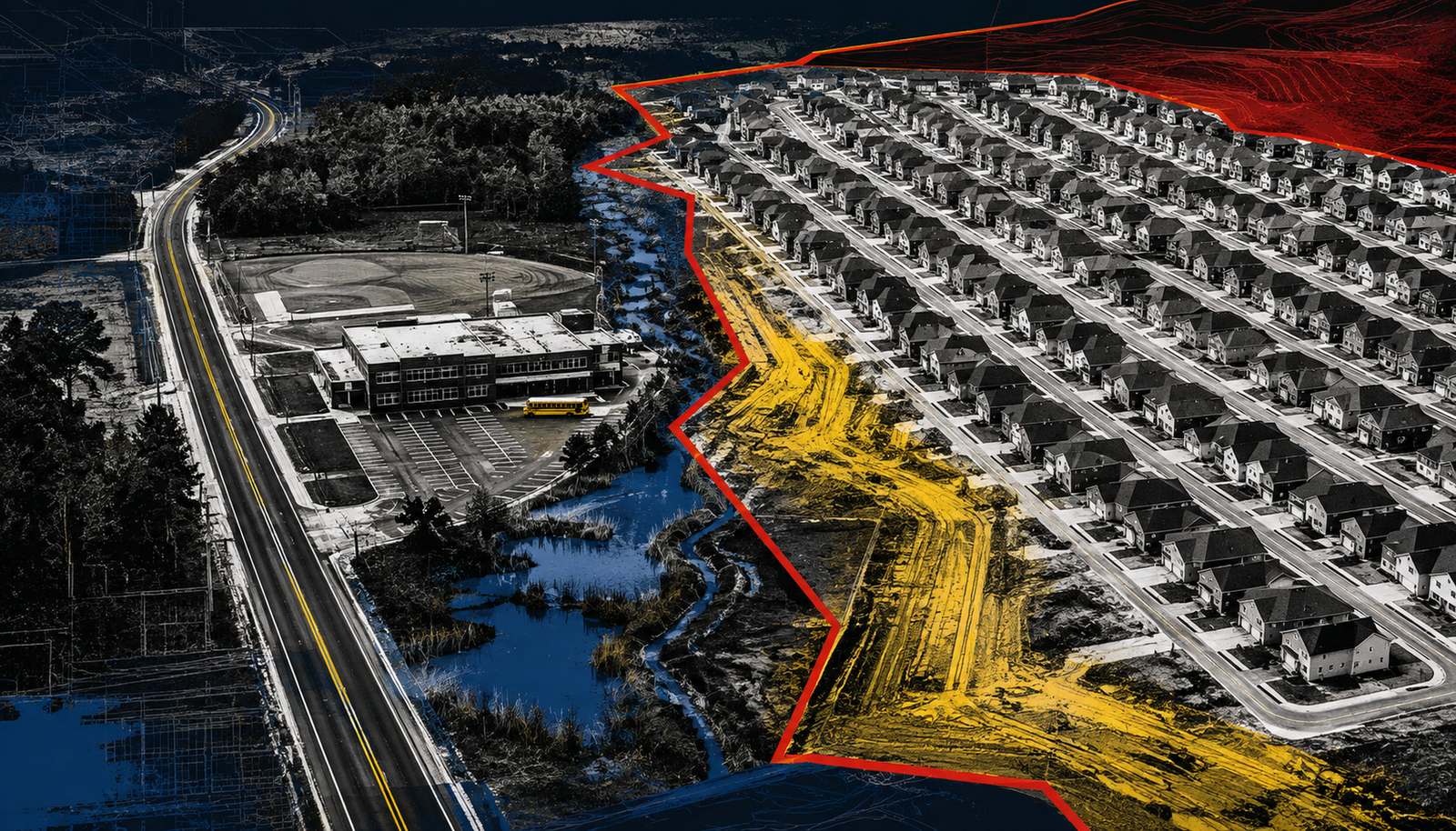 Editorial illustration showing dense subdivision homes beside a two-lane road, a school and wetlands