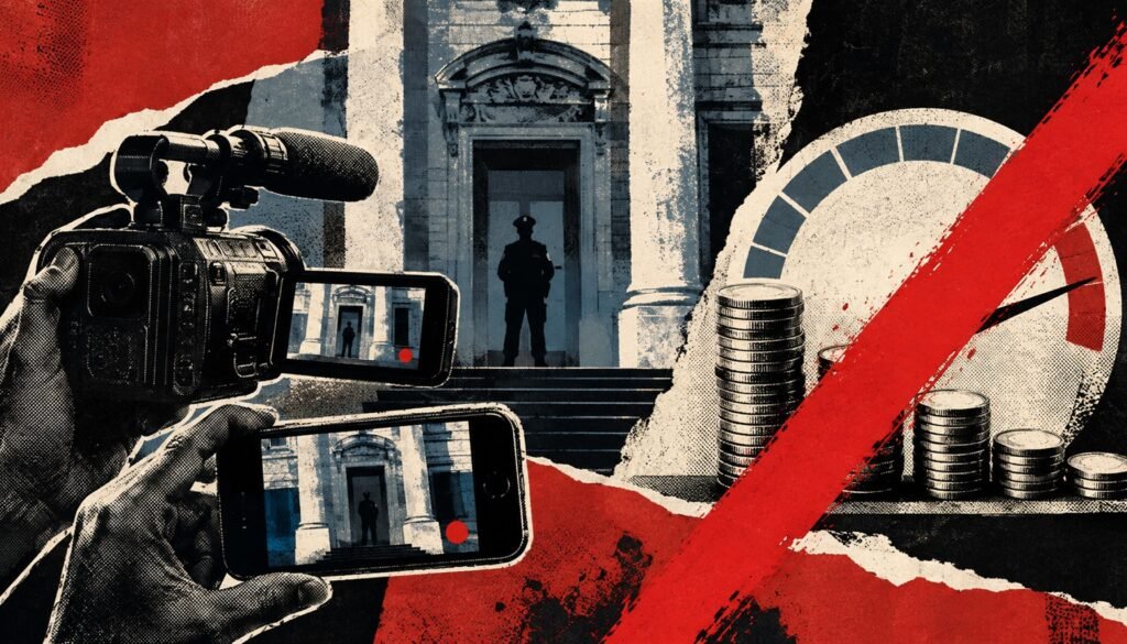 Editorial illustration of cameras filming a public building while a red slash cuts off a stack of coins
