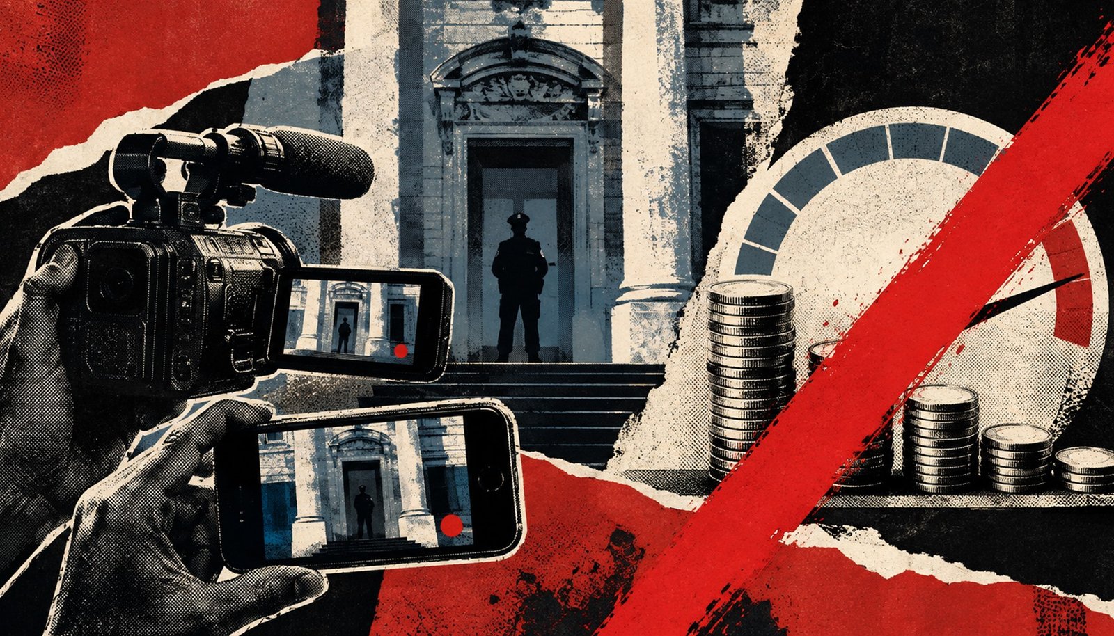 Editorial illustration of cameras filming a public building while a red slash cuts off a stack of coins